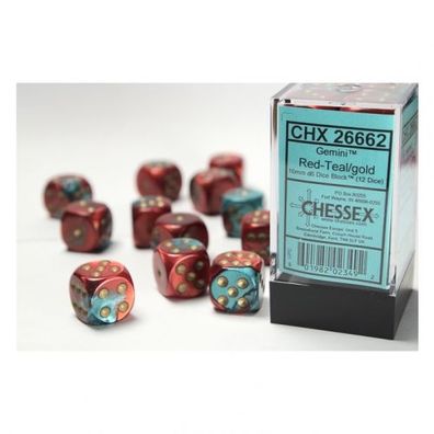 Würfel - 16mm - Gemini Red-Teal/gold (Würfelset 12 x W6)