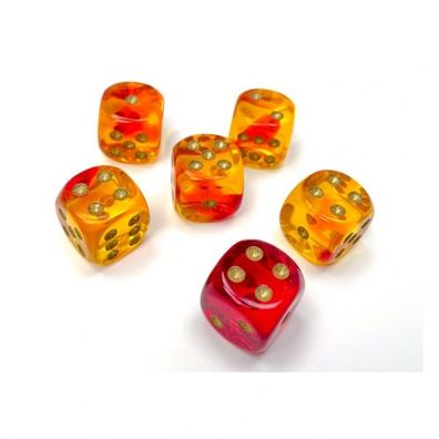 Würfel - 16mm - Gemini Translucent Red-Yellow/gold (Würfelset 12 x W6)