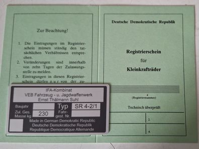 Simson Star SR 4-2/1 Datenblatt Betriebserlaubnis ABE und Typenschild