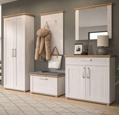 Garderobe Set 5-teilig "Mirano" in weiß Lärche und Eiche Artisan Landhaus Garderobe