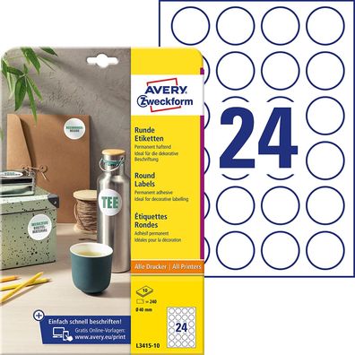 AVERY Zweckform Runde Etiketten L3415-10 - 240 Aufkleber auf 10 Blatt Ø 40 mm, A4