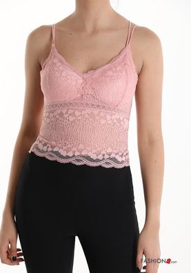 Kurzer Top mit Spitze, rückenfrei, rosa, Körbchen und tiefe Ausschnitt, Nylon