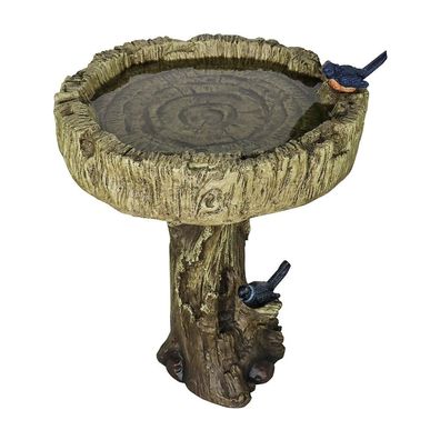 Vogelbad aus Beton in Holzoptik mit dekorativem Kunstvogel, Höhe 62 cm x 46cm