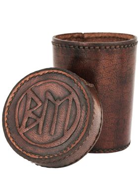 Würfelbecher aus Leder mit Deckel, BM-Prägung, braun