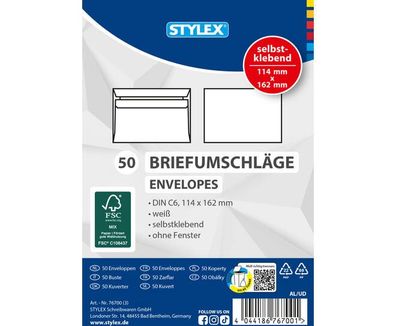 Briefumschläge DIN C6 selbstklebend 50 Stück Bürobedarf Umschläge Stylex 76700