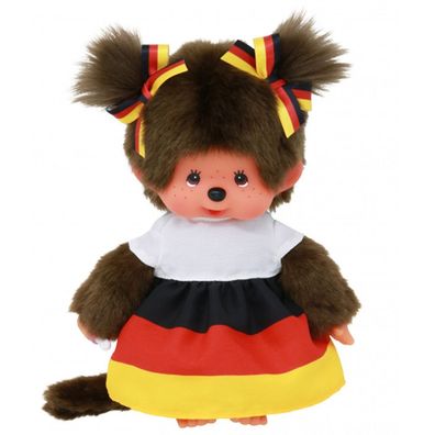 Mädchen im Deutschland-Kleid | 20 cm Monchhichi Puppe | zwei Zöpfchen