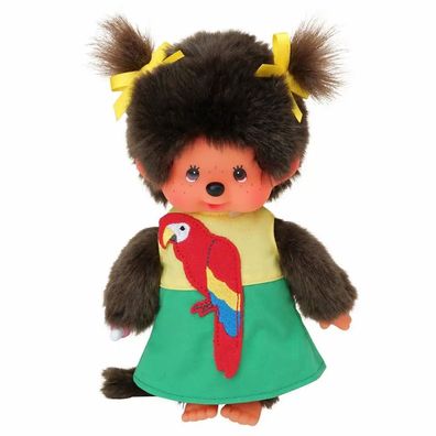 Mädchen im Papageien-Kleid | 20 cm Monchhichi Puppe mit zwei Zöpfchen