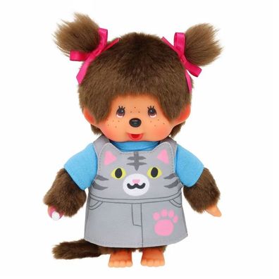 Mädchen im Katzen-Kleid mit Zöpfen | 20 cm Monchhichi Puppe | Fashion