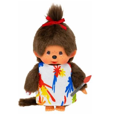 Mädchen im Malerin-Kleid mit Zopf | 20 cm Monchhichi Puppe | Fashion