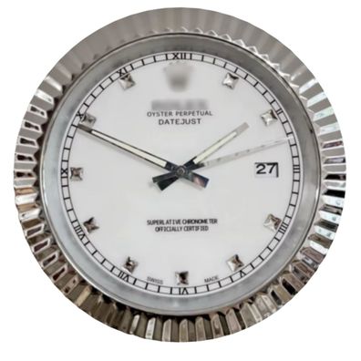 Wanduhr Rolex Datejust Weiß Fluted Bezel Diamant Oyster Perpetual 34cm Luxusuhr
