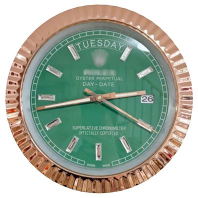Wanduhr Rolex Day-Date Grün Fluted Bezel Rose Oyster Perpetual 34cm Uhr Luxusuhr
