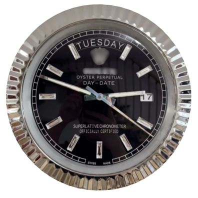 Wanduhr Rolex Day-Date Schwarz Fluted Bezel Stahl Oyster Perpetual 34cm Uhr Luxusuhr