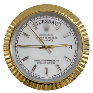 Wanduhr Rolex Day-Date Weiß Fluted Bezel Gold Oyster Perpetual 34cm Moderne Luxusuh