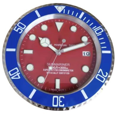 Wanduhr Rolex Submariner Rot Blau Stahl Oyster Perpetual 34cm Moderne Luxusuhr