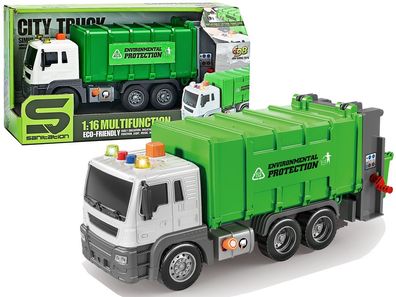 Grüner Müllwagen im Maßstab 1:16 mit Friktionsantrieb und Soundeffekten