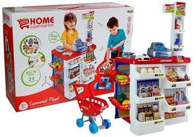 Spielzeugmarkt mit Einkaufswagen, Kassenscanner, Lebensmitteleinkauf