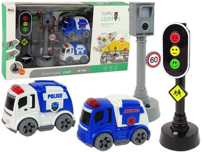 Satz von Autos mit Ampeln und Verkehrszeichen