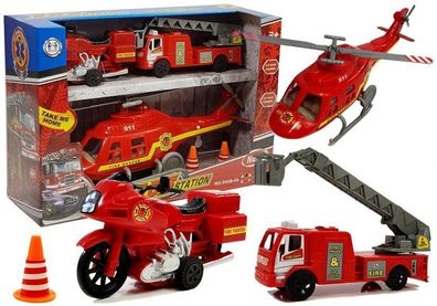 Feuerwehr-Set mit Fahrzeugen, Hubschrauber, Motor, Licht und Geräuschen