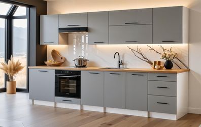 Küchenzeile Linda 300 cm Grau Matt hohe Schränke- Küche 3m, Einbauküche
