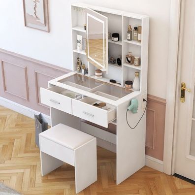 Stylischer Schminktisch mit 3-Farb-LED, Glasplatte & Haartrockner-Halterung