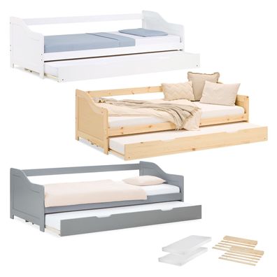 Gästebett Holzbett 90x200 cm Weiß Grau Natur Tagesbett ausziehbar Jugendbett Auszi