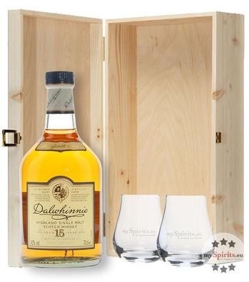 Geschenk-Set Dalwhinnie 15 YO Whisky in Holzkiste (43 % vol., 0,7 Liter)