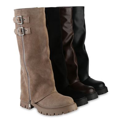 VAN HILL Damen Bikerstiefel Stiefel Zipper Schnallen Profil-Sohle Schuhe 841806