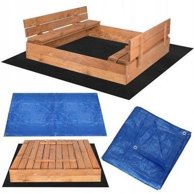 Sandkasten mit Sitzbänken Imprägniert Holz 120 x 120 cm Extra Vlies und Abdeckplane