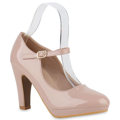 VAN HILL Damen Mary Janes Pumps Klassisch Trichterabsatz Lack Absatz-Sch