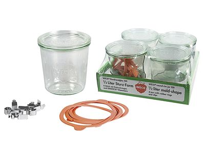 WECK Rundrandglas Sturz 0,5 l 4er Tray mit Deckel, Ring und Klammern