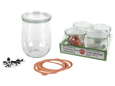 WECK Rundrandglas Tulpe 1 l 4er Tray mit Deckel 100mm, Ring und Klammern
