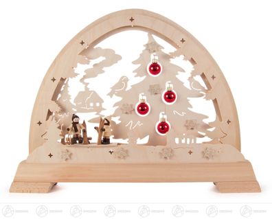 Rundbogen mit Skifahrern, Weihnachtsbaum und roten Kugeln, elektrisch beleuchtet