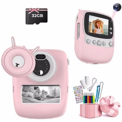 Digitale Kinderkamera mit Sofortdruck - 1080P, 32GB, 5 Stifte, pink