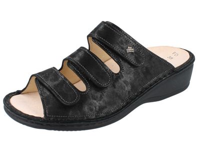 FINN Comfort Pisa Damen Pantoletten Hausschuhe schwarz bedrucktes Nubukleder