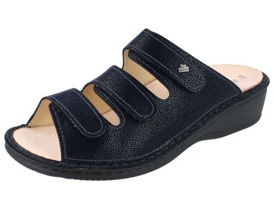 FINN Comfort Pisa Damen Pantoletten Hausschuhe dunkelblau bedrucktes Nubukleder