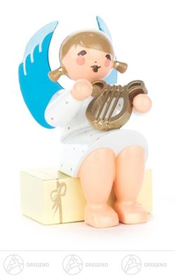 Engel mit Lyra auf Geschenkpaket sitzend H=ca 5,5 cm NEU Erzgebirge Weihnachtsfigur