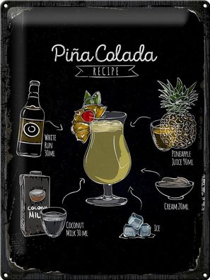 Blechschild 40 x 30 cm Cocktail: Pina Colada Coktail Recipe