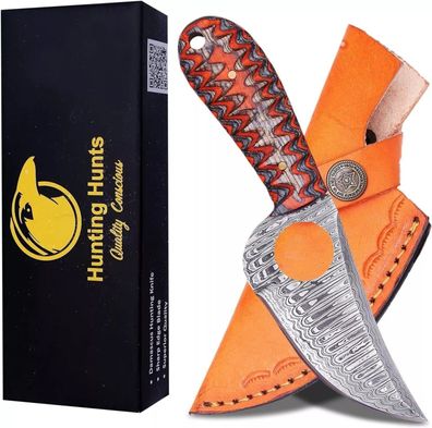 Handgefertigtes Damastmesser mit Lederscheide - zum Häuten, Camping, Outdoor
