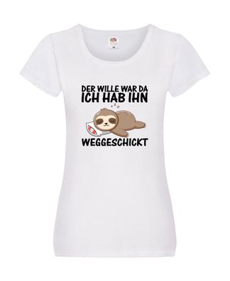 Der Wille war da | Faultier | Faulpelz | Schlafen | Comic Damen Shirt Weiß