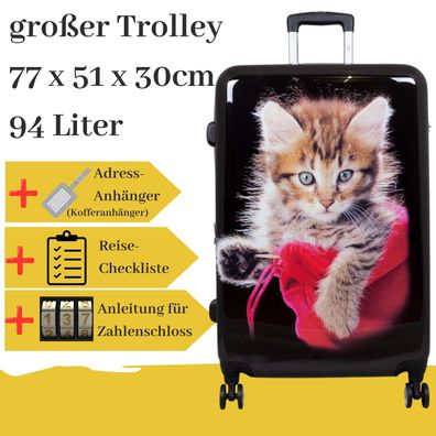 großer Hartschalentrolley mit Katze schwarz, 94 Liter