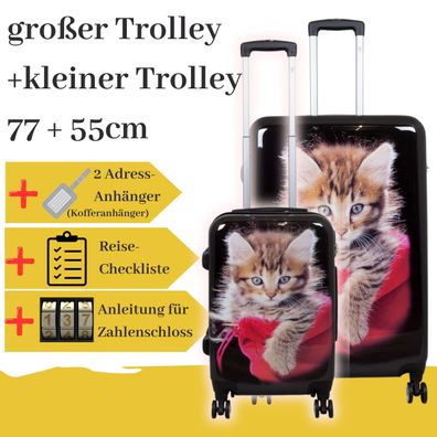 großer+kleiner Hartschalentrolley mit Katze, Set 77 + 55cm