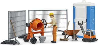 bruder 62008 - Bworld Baustellenset mit Bauarbeiter, Rüttelplatte, Mischmaschine, WC