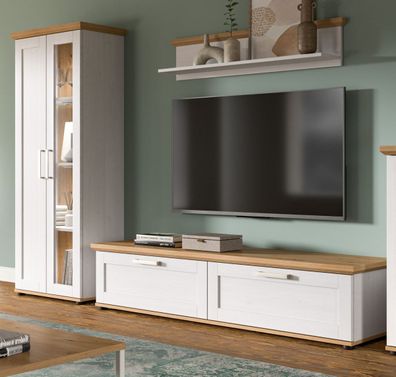 Wohnwand weiß Lärche und Eiche Landhaus Schrankwand Set 3-tlg. mit Vitrine Mirano