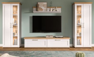 Wohnwand weiß Landhaus Lärche und Eiche Dekor Schrankwand mit 2x Vitrine Mirano