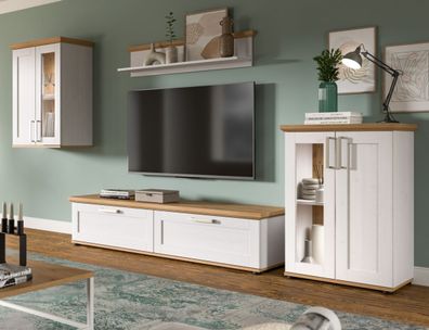 Wohnwand weiß Landhaus Lärche und Eiche Wohnzimmer Schrankwand 4-teilig 315 cm