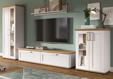 Wohnwand weiß Landhaus Lärche und Eiche Wohnzimmer Schrankwand 4-teilig 316 cm