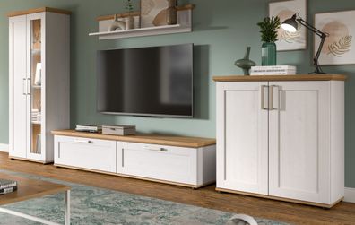 Wohnwand weiß Landhaus Lärche und Eiche Wohnzimmer Schrankwand 4-teilig 336 cm