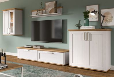 Wohnwand weiß Landhaus Lärche und Eiche Wohnzimmer Schrankwand 4-teilig 316 cm