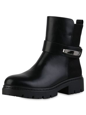 VAN HILL Damen Biker Boots Stiefeletten Schnallen Profil-Sohle Schuhe 841801