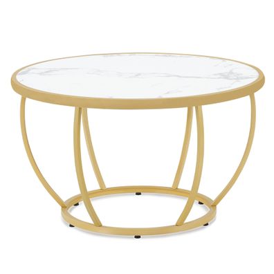 BarberPub Couchtisch Rund Holz, Sofatisch Beistelltisch Weiß-Gold, 2185